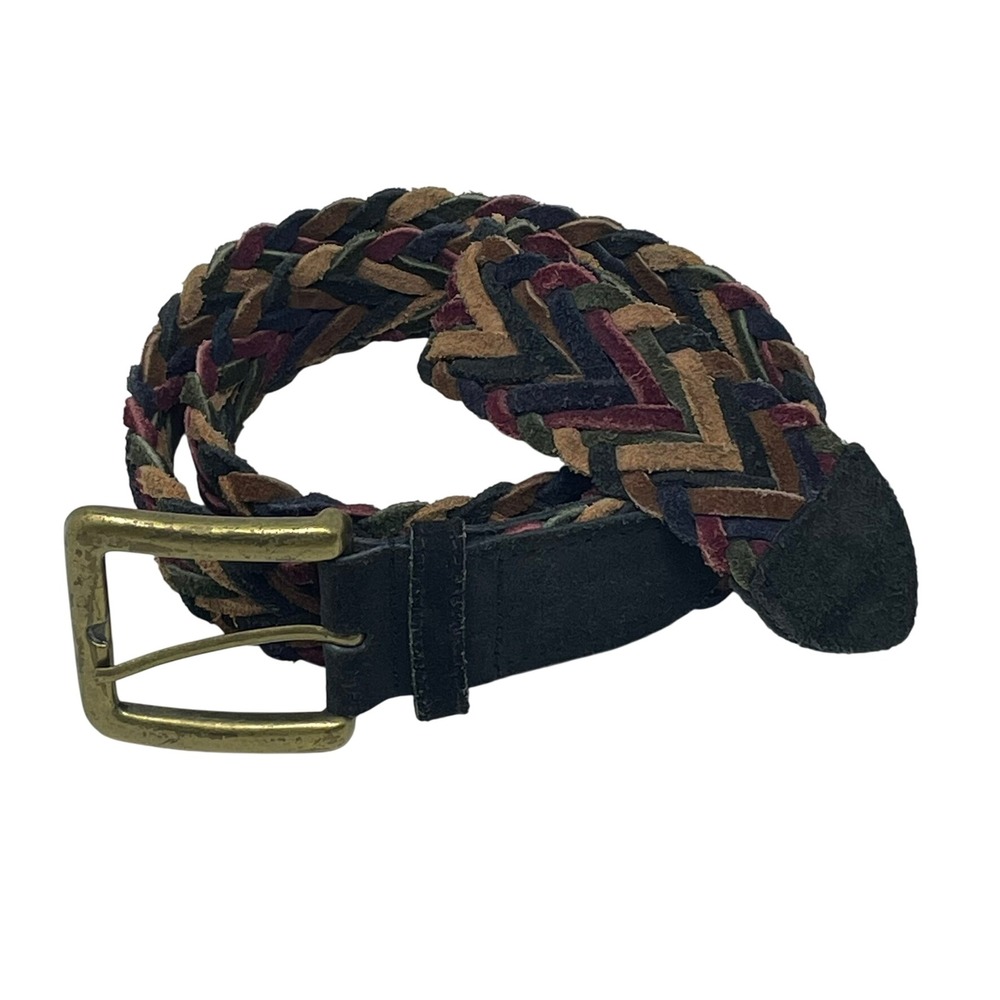 90s Y2K Multicolor Braided Suede Leather Belt Brass Buckle Boho Woven Preppy